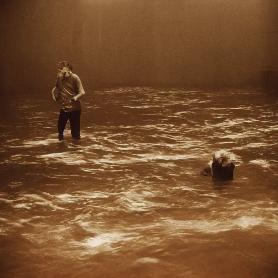 Prompt: 7 0 s movie still of an old man drowning in an empty soviet ballroom flooded in worms, cinestill 8 0 0 t 3 5 mm, heavy grain, high quality, high detail