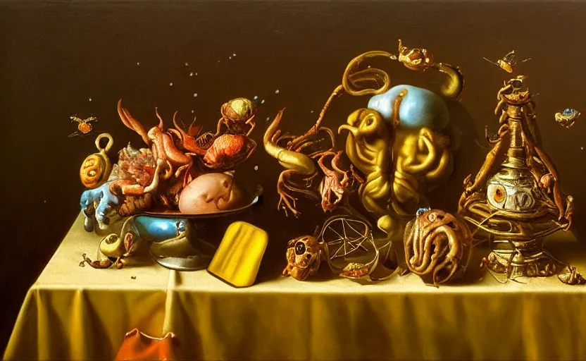 Prompt: disturbing colorful oil painting dutch golden age vanitas still life with bizarre objects strange gooey surfaces wet shiny metal bizarre insects rachel ruysch dali todd schorr very detailed perfect composition rule of thirds masterpiece canon 5 0 mm, cinematic lighting, photography, retro, film, kodachrome