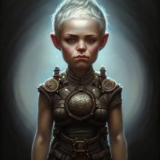Prompt: portrait of a beautiful cute strong brave realistic female gnome engineer, undercut black pixie haircut, d & d, micro detail, intricate, elegant, highly detailed, centered, rule of thirds, artstation, sharp focus, illustration, artgerm, tomasz alen kopera, donato giancola, wlop