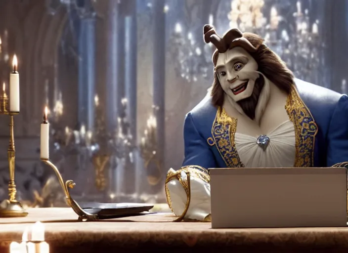 film still of Lumiere sitting at a computer in the new, Stable Diffusion
