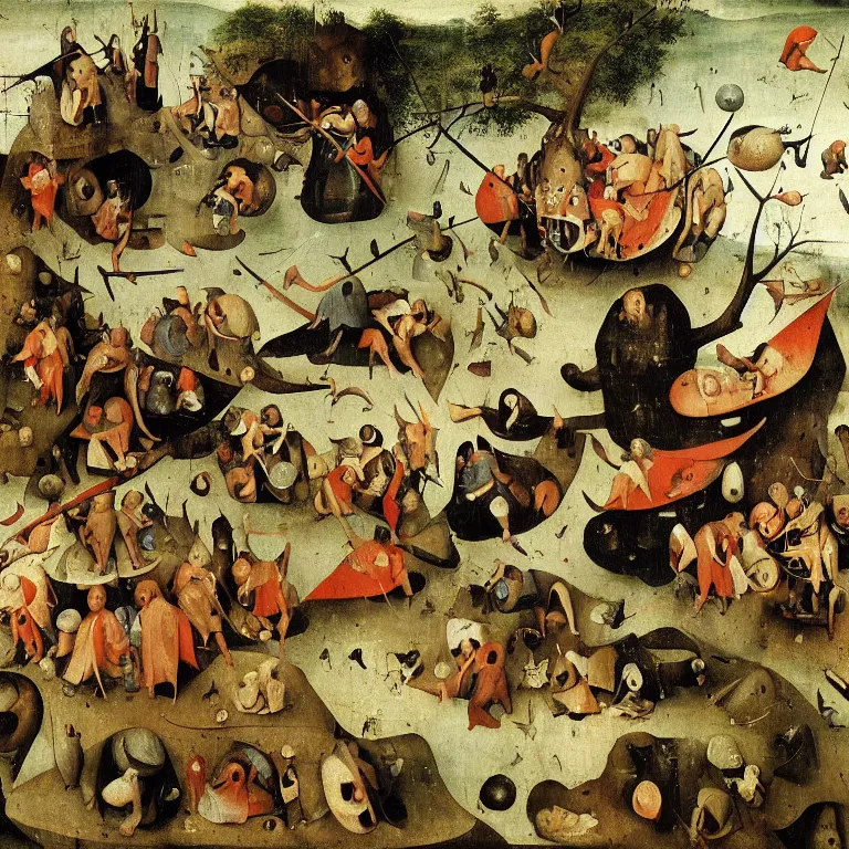 Prompt: The portrait of half-fish men falling from the tree of knowledge by Hieronymus Bosch and Pieter Bruegel inspired, super detailed oil painting, hyper realistic faces, 4k, masterpiece