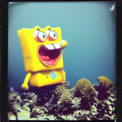 Image similar to polaroid photo of sponge bob in us military suit veteran of the vietnam war, underwater effect