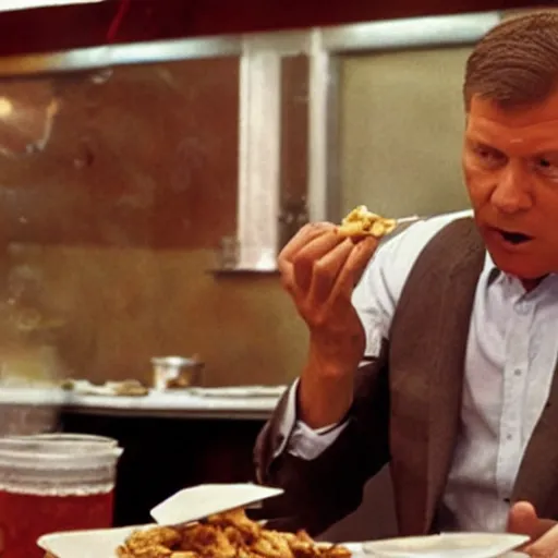 Prompt: film still of Klaus Iohannis eating a Shawarma, 4k remastered, criterion collection