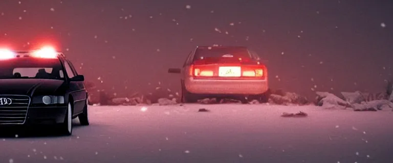 Image similar to Audi A4 B6 Avant (2002), a gritty neo-noir, dramatic lighting, cinematic, eerie person silhouette, death, homicide, homicide in the snow, gunshots, establishing shot, extremely high detail, photorealistic, cinematic lighting, artstation, by simon stalenhag, Max Payne (PC) (2001) winter new york at night, In the style of Max Payne 2 graphic novel, by Saku Lehtinen, flashing lights, Poets of the Fall - Late Goodbye