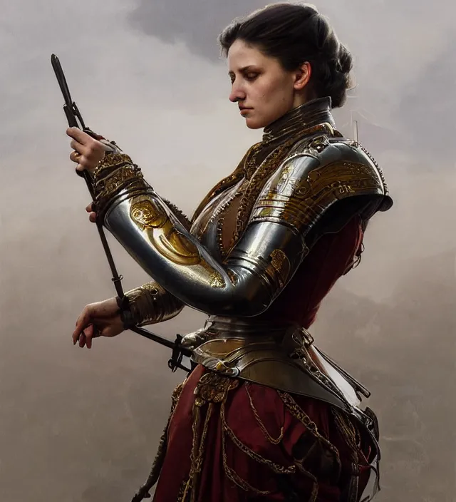 Prompt: portrait of a napolitano woman wearing a traditional nineteenth century kingdom of naples military jacket, metal shoulder pauldrons, intricate, highly detailed, digital painting, artstation, concept art, sharp focus, cinematic lighting, illustration, art by artgerm and greg rutkowski, alphonse mucha, cgsociety