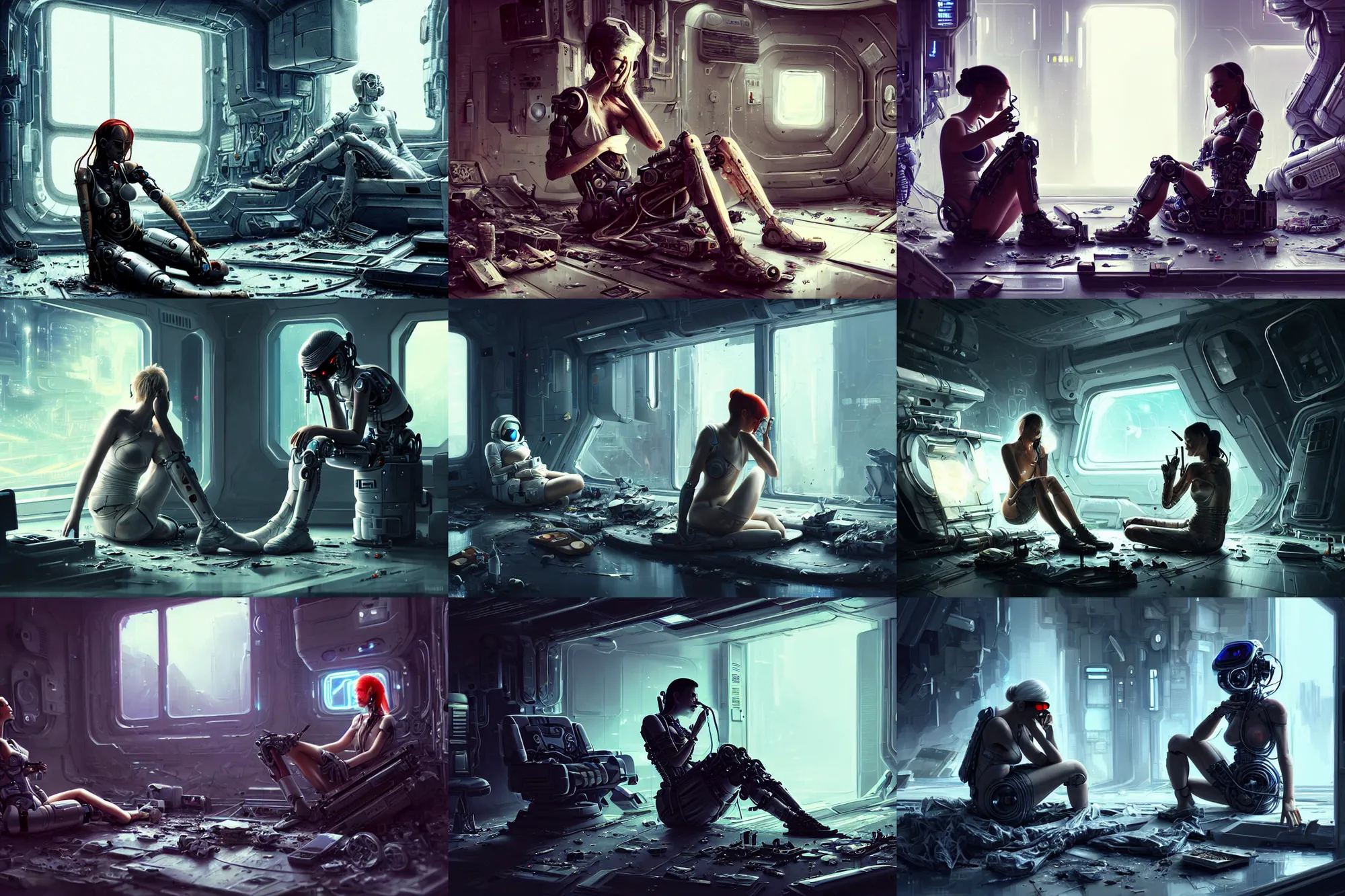 Prompt: Ultra realistic illustration, beautiful alluring damaged cyborg sitting on the floor of a destroyed spaceship, smoking a cigarette while being repaired by a military space nurse in an super advanced military medical bay, cyberpunk, sci-fi, fantasy, intricate, elegant, highly detailed, digital painting, artstation, concept art, smooth, sharp focus, illustration, gorgeous cinematic lighting, art by artgerm and greg rutkowski and alphonse mucha