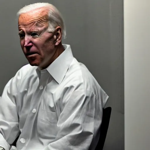 Prompt: Biden in a prisoners outfit sitting in a jail cell.