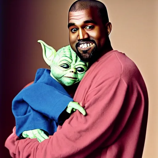 Image similar to kanye west smiling and holding yoda yoda for a 1 9 9 0 s sitcom tv show, studio photograph, portrait