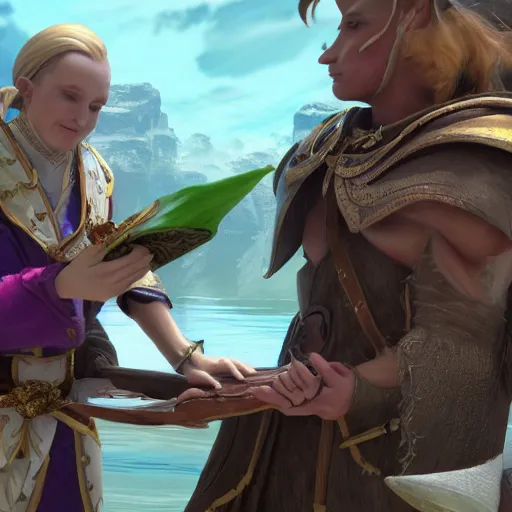 Prompt: a sea elf trying to get an incredibly sweaty commander to sign a piece of parchment fantasy 4k