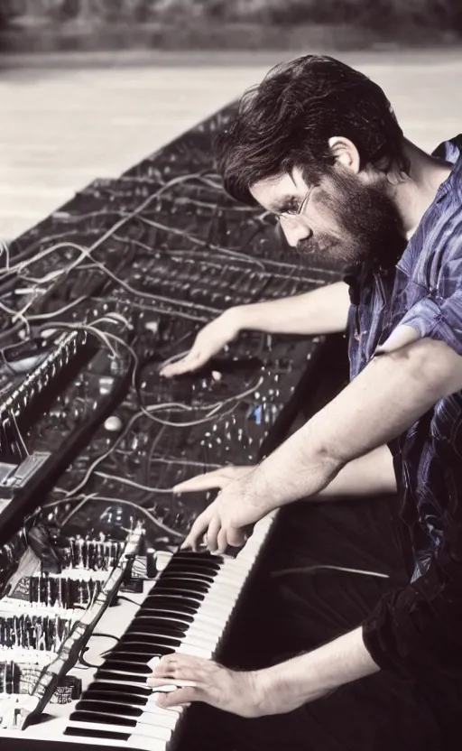 Image similar to portrait of extremely frustrated male electronic serialist compser with long brown hair in front of his broken synthesizer, all ruined, expressionist photo, masculine, brutal