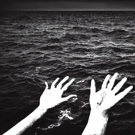 Image similar to stranded ship, hands reaching up from the sea, creepy, deep blue sea, dread