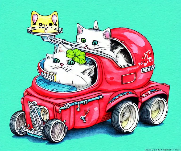 Prompt: cute and funny, kitten wearing a cookpot helmet driving a catnip truck like they stole it, ratfink style by ed roth, centered award winning watercolor pen illustration, isometric illustration by chihiro iwasaki, edited by craola, tiny details by artgerm and watercolor girl, symmetrically isometrically centered