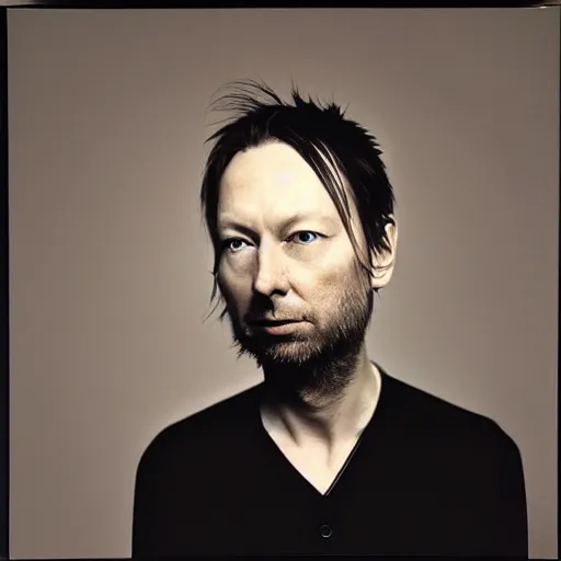 Image similar to Radiohead, Yorke, with a beard and a black shirt, a computer rendering by Martin Schoeller, cgsociety, de stijl, uhd image, tintype photograph, studio portrait, 1990s, calotype