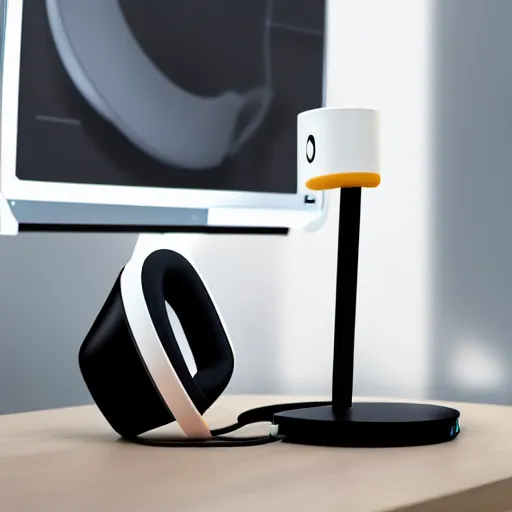 Image similar to wireless cat tail headphone stand, futuristic, techno, cyberpunk, product design, render, cute, swag, geometric, fun, iconic, 4 k, 3 d