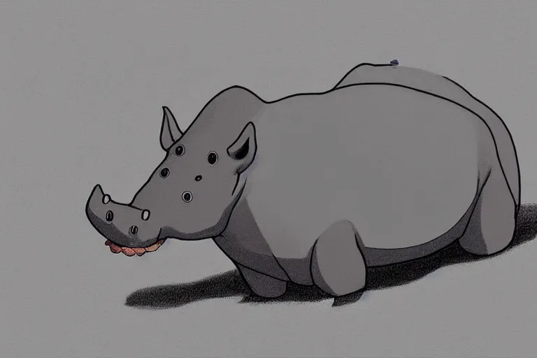 Image similar to a study of a cell shaded cartoon of a grey mechanical hippo from howl's moving castle ( 2 0 0 4 ), in an african river, full body, wide shot, very muted colors, post grunge, studio ghibli, highly detailed, deviantart, art by artgem