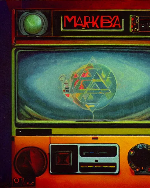 Image similar to majora's mark among 8 0 s era technology, vintage shapes, retro technology, vintage color, wayne barlow, oil on canvas, deep depth of field, masterpiece, cinematic composition, hyperdetailed