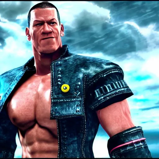 Image similar to John Cena as final fantasy Viii main character, high quality CG, game 3d cutscene FMV