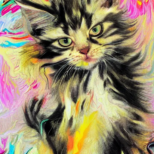 Prompt: a cream - colored maine coon kitten, digital art, abstract expressionists, jackson pollock, willem de kooning. energy influenced by both nature and music