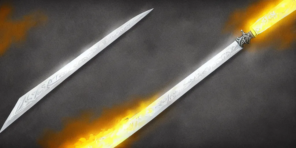 Image similar to silver sword with its blade covered in glowing yellow sigils, realistic, high quality, artstation, concept art