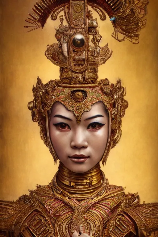Prompt: a beautiful ultradetailed vintage photo of a cyborg classical thai dancer, by tom bagshaw and anna dittman, portrait, 2 4 mm lens, golden ratio composition, detailed face, studio photography, very detailed, humanoids, industrial robots, artstation, 8 k, highly coherent