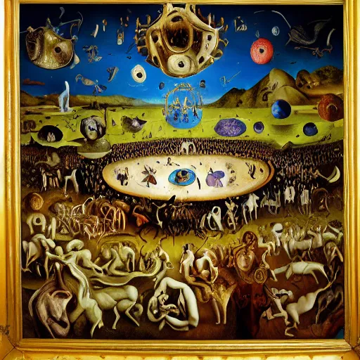 Prompt: The Garden of Earthly Delights by Salvador Dalí, surrealist, detailed, accurate, award wining, original modern artwork, rgb, ethereal lighting