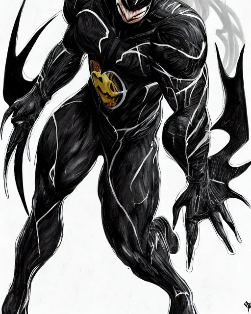 Image similar to venom as batman, with the powers of flash, dynamic lighting, fantasy concept art, trending on art station, stunning visuals, creative, cinematic, ultra detailed, comic strip style, sumihei