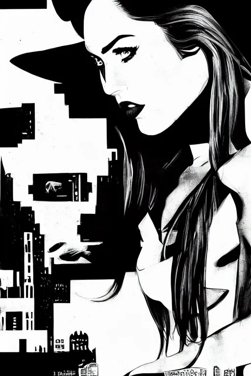 Image similar to dream of a film still from sin city, closeup portrait of film noir megan fox private detective, detailed illustration, digital art, trending on artstation, frank miller, martin ansin, movie poster,