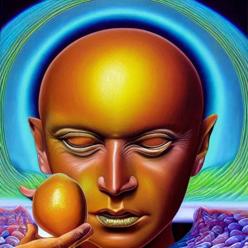 Image similar to Alex Grey painting of a lemon god