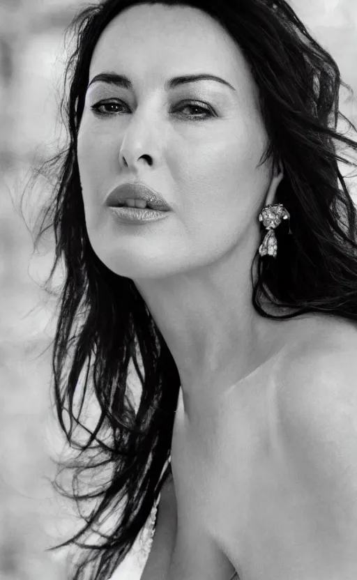 Image similar to portrait of monica bellucci , 3/4 view realistic, detailed, diffuse sunlight, soft lights, bokeh Paris in background