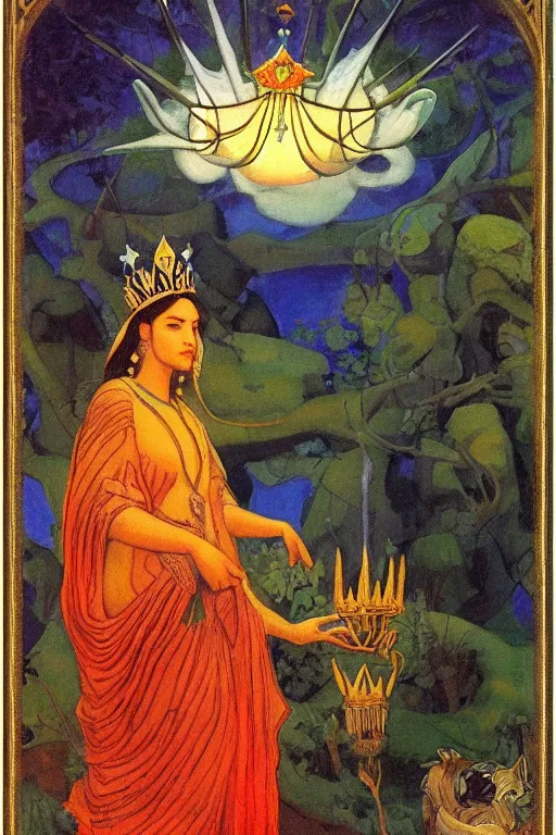 Prompt: queen of the forest with her crown and lantern, by Nicholas Roerich and Annie Swynnerton and Frederick Sandys, dramatic cinematic lighting , ornate headdress , flowing robes, sacred artifacts, lost civilizations, smooth, sharp focus, extremely detailed