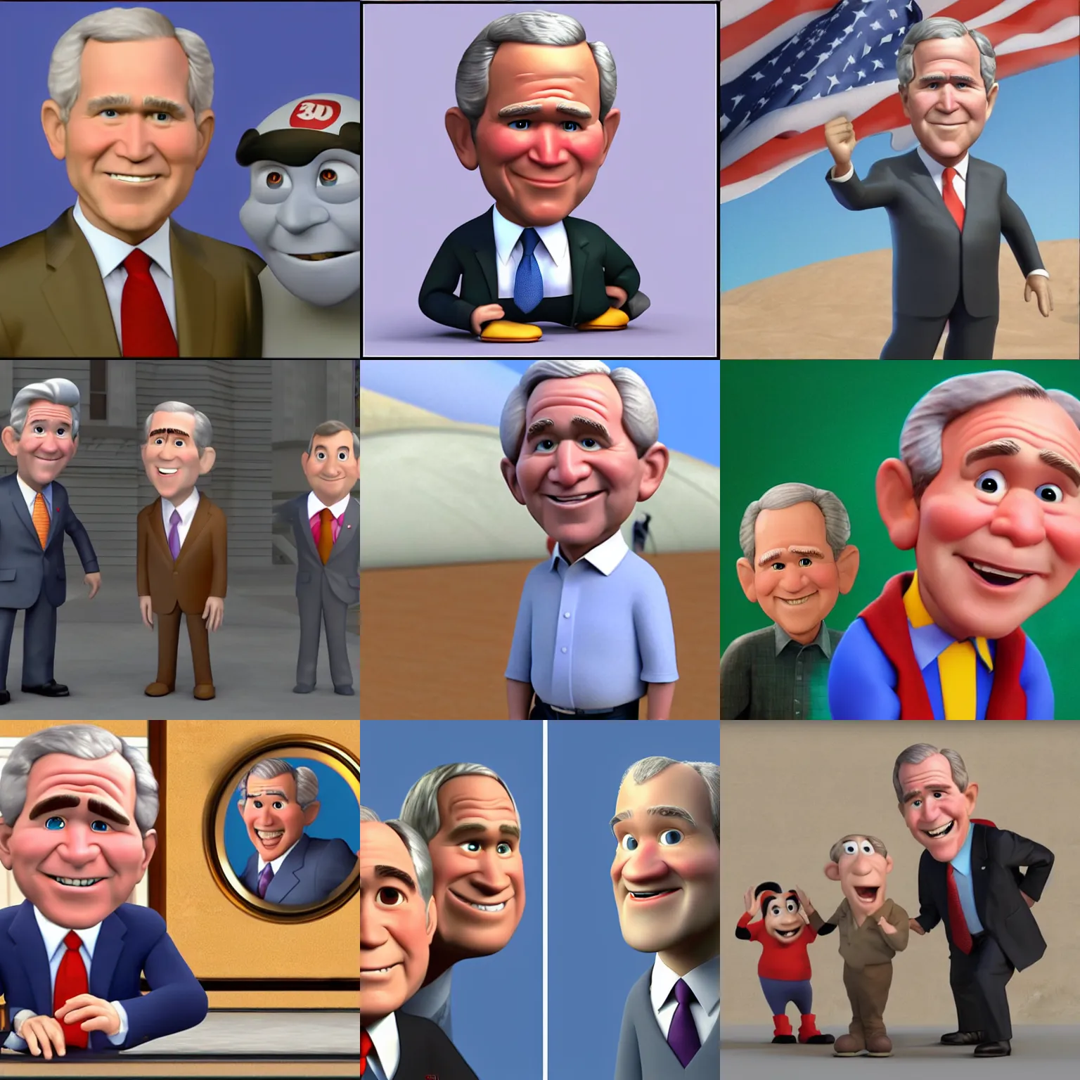 Prompt: george w bush as a 3 d rendered cartoon pixar dreamworks disney