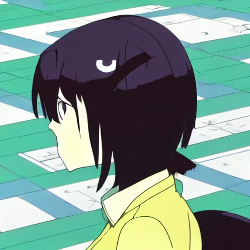 Prompt: black - haired girl with bob cut, forehead, short bangs, side profile, cel - shaded, cel - shading, 2 0 0 1 anime, flcl, jet set radio future, strong shadows subsurface scattering, cel shaded