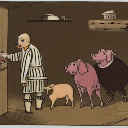 Image similar to butcher giving food to a dog, while being watched by a pig, a sheep, a chicken and a cow