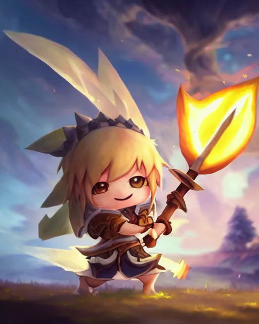 Image similar to oil painting of a cute chibi MapleStory warrior,, attacking, casting a spell with a spear, wearing a MapleStory warrior outfit, sharp focus, fantasy style, octane render, volumetric lighting, 8k high definition, by greg rutkowski, highly detailed, trending on artstation, magic the gathering artwork, Perion background from MapleStory, centered