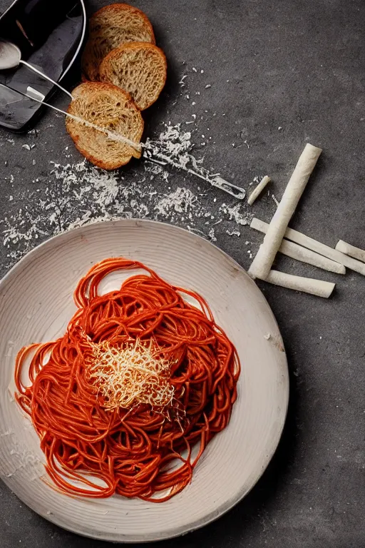 Prompt: food photography of spaghetti with cigarettes in a used ashtray