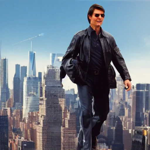 Prompt: a giant tom cruise carries a military jet in his hands while walking through manhatten, 4k, movie poster