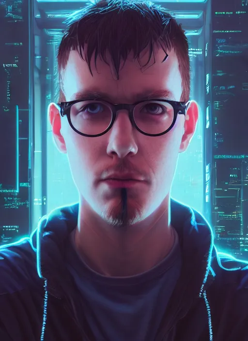 Image similar to highly detailed portrait of a cyberpunk gloomy hacker, wires connect to the head, stephen bliss, unreal engine, greg rutkowski, loish, rhads, beeple, makoto shinkai and lois van baarle, ilya kuvshinov, rossdraws, tom bagshaw, alphonse mucha, global illumination, detailed and intricate environment