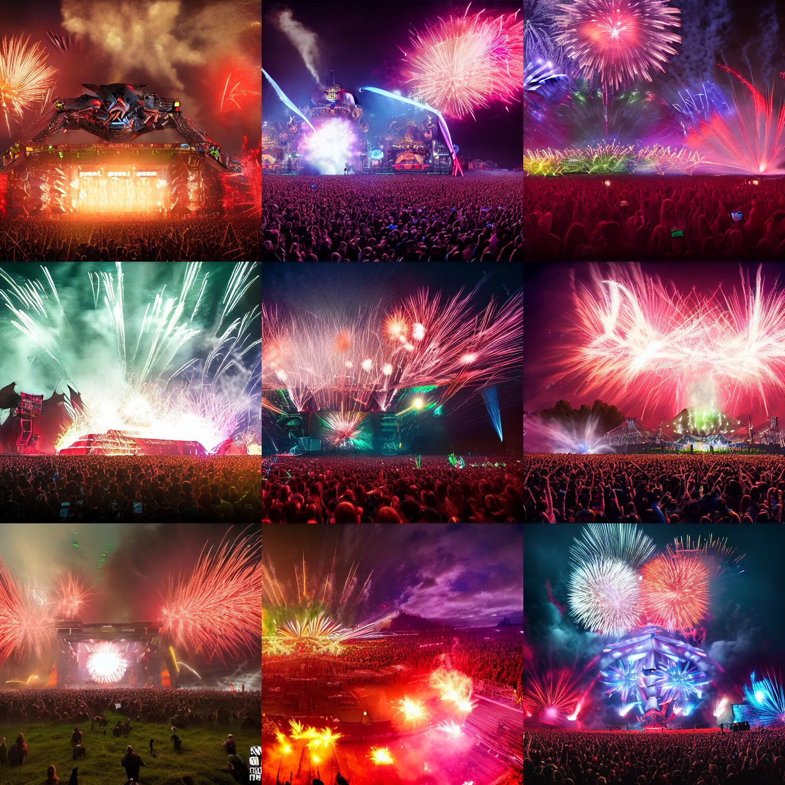 Prompt: outdoor epic festifal mainstage trash hybrid defqon 1 festival light beam lasers, firework, flamethrower, co2, crowd, octane render, 3d, unreal engine, highly detailed, 4k, 8k, HD