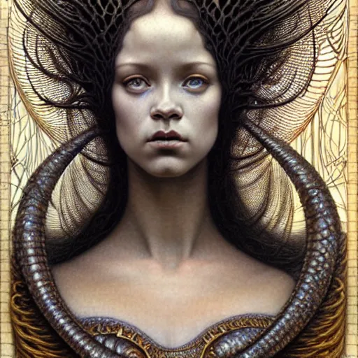 Image similar to detailed realistic beautiful young medieval alien robot rihanna face portrait by jean delville, gustave dore and marco mazzoni, art nouveau, symbolist, visionary, gothic, pre - raphaelite. horizontal symmetry by zdzisław beksinski, iris van herpen, raymond swanland and alphonse mucha. highly detailed, hyper - real, beautiful, fractal baroque