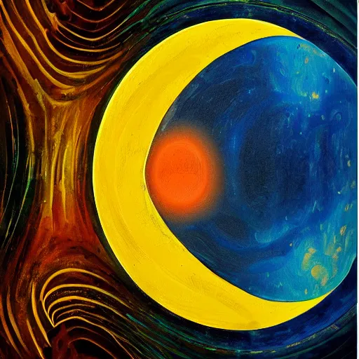 Image similar to abstract painting of the abstracted sun and the abstracted moon, whose lights entangle in surreal spirals