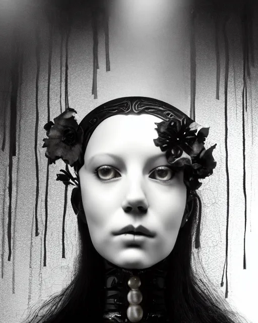 Image similar to black and white dreamy foggy smoky profile face portrait, one silver steampunk realistic eye biomechanical beautiful young female cyclope - cyborg - robot bust, body ribs meshes,, volumetric light, hibiscus flowers, by hg giger, rim light, by dora maar and cecile beaton, big gothic fashion pearl embroidered collar, 8 k