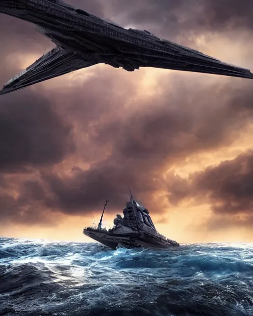 Image similar to scifi action scene of a fishing boat on stormy seas, a terrifying gigantic star destroyer spaceship flying overhead, the gigantic star destroyer spaceship is emerging from storm clouds, sunset lighting, stormy weather, dramatic lighting, unreal engine, hyper realism, realistic shading, cinematic composition, realistic render, octane render, detailed textures, photorealistic, ultrawide shot, 1 6 mm lens