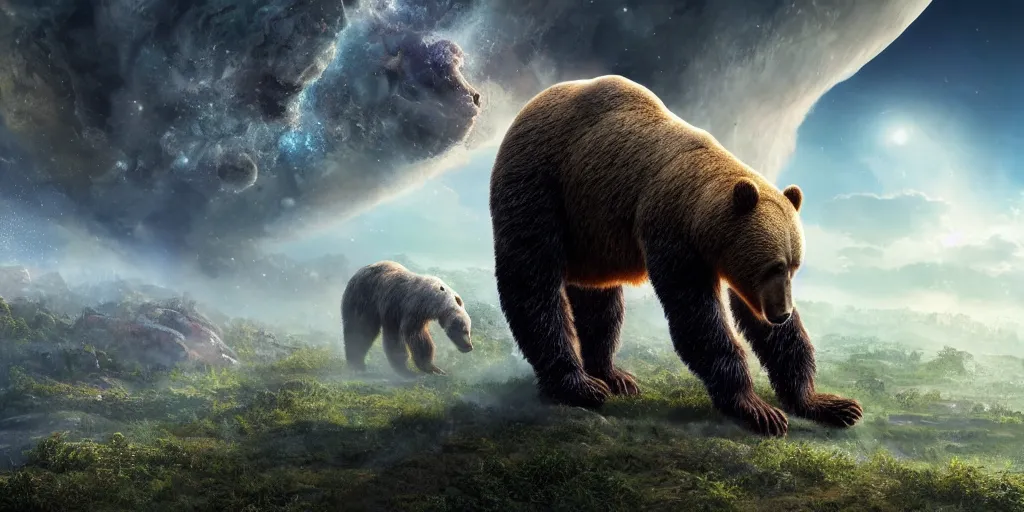 Image similar to Earth being destroyed by a planet sized bear, realistic 4k octane beautifully detailed render, 4k post-processing, highly detailed, intricate complexity, epic composition, magical atmosphere, cinematic lighting, masterpiece, ultra hd