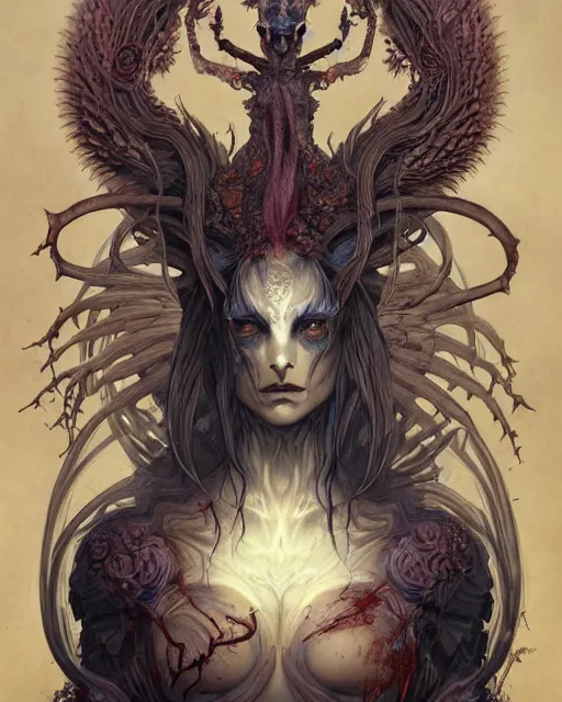 Image similar to perfectly centered portrait front view of a angry dead rotten beautiful female daemon growing ornamentation, ornate, detailed, symmetrical, elegant, beautifully soft lit, by wayne barlowe, peter mohrbacher, kelly mckernan