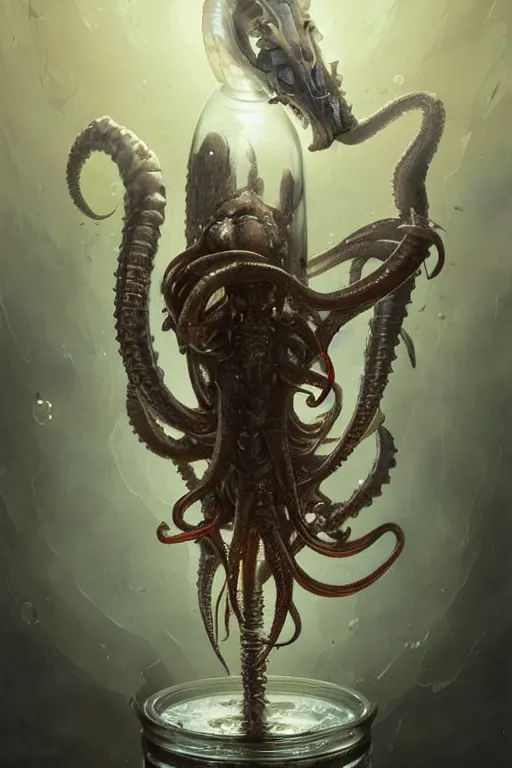 Prompt: breathtaking soft painting of a squid xenomorph with an intricate knight armor in a glass jar, fish swimming around, realistic symmetrical face features, rembrandt style, elegant, highly detailed, artstation, concept art, matte, sharp focus, art by tom bagshaw, goya and greg rutkowski