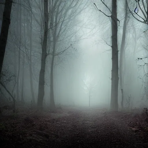 Prompt: a dark misty forest under the moonlight, an undescribable horror lurks below the misty layer, photorealistic, cinematic, hdr