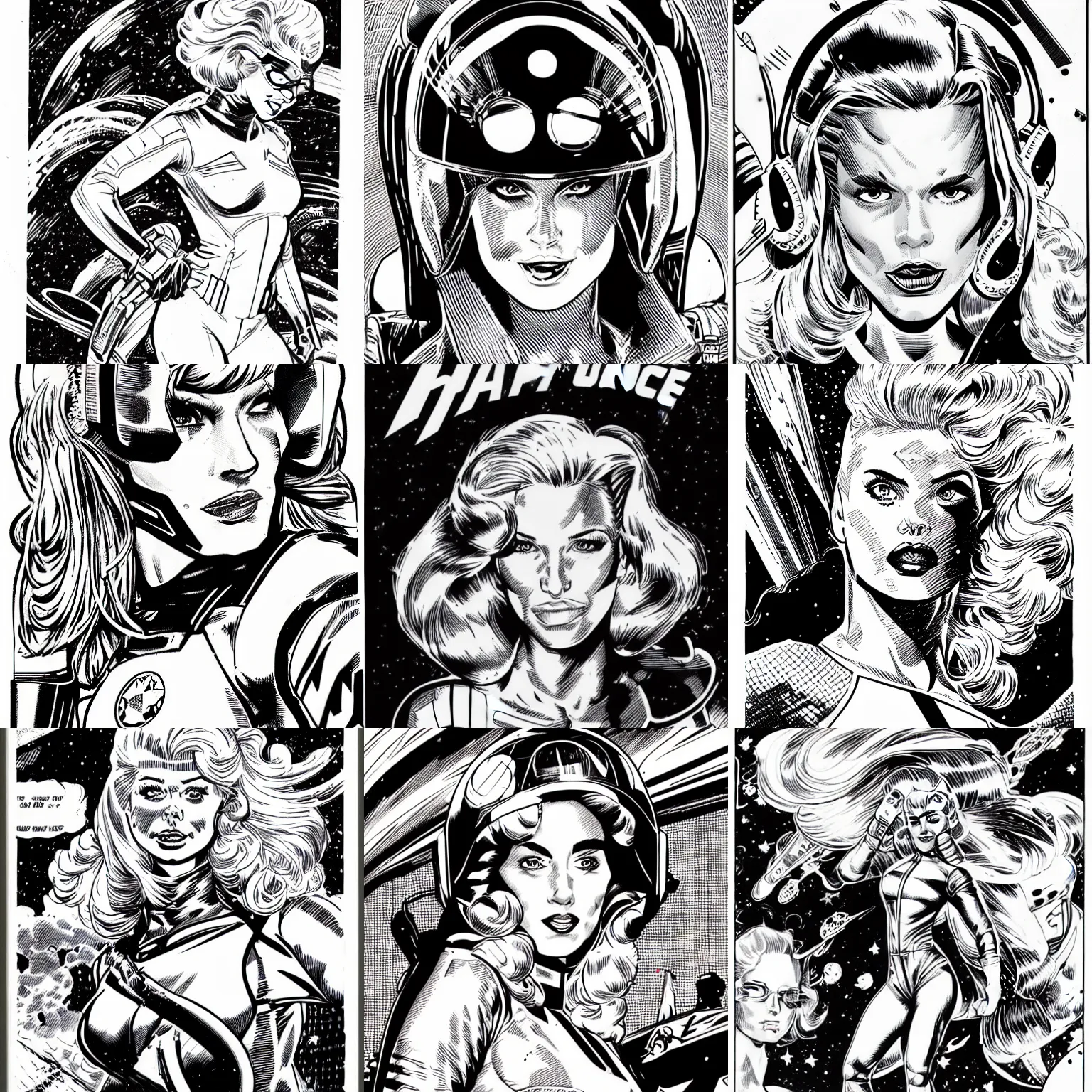 Prompt: portrait of a woman space pilot, blonde hair, marvel comics, 5 0's retro, black and white, comic inks, crosshatching, by nick bradshaw, and arthur adams