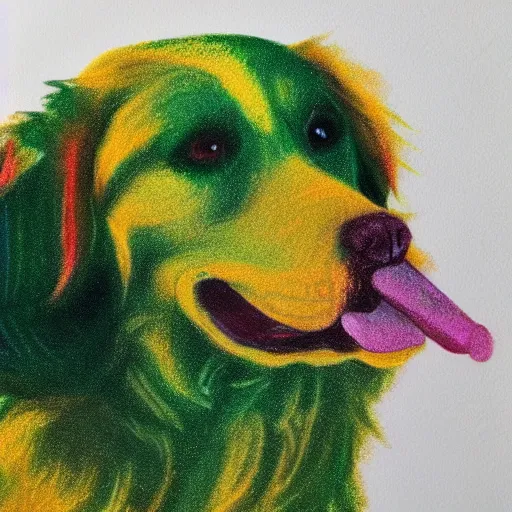 Prompt: oil pastel portrait of a golden retriever with its tongue out, green yellow gradient background