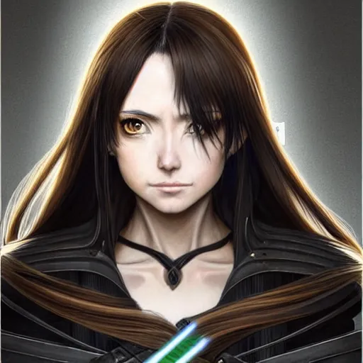 Prompt: Masterpiece head and shoulders portrait of a female Kazuto Kirigaya Kirito, young woman with blonbrown long hair and bangs and wearing a long black coat breast-armor showing through, holding a light saber, face, fantasy, intricate, elegant, highly detailed drawn by Donato Giancola and Fernanda Suarez and Artem Demura, face by Artgerm and Edmund Leighton, Alphonse Mucha, background by James Jean and Gustav Klimt, 4k, porcelain skin, komorebi, french nouveau, trending on pixiv, octane render, hyperrealistic