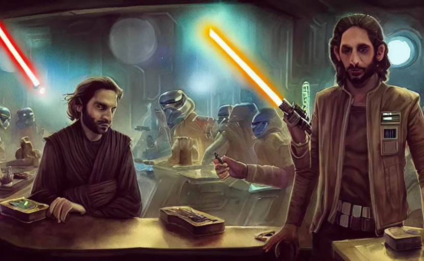 Image similar to a realistic star wars watercolor fantasy concept art of a drug dealer that looks like chris d'elia in a sleazy futuristic bar of coruscant, hq, 4 k